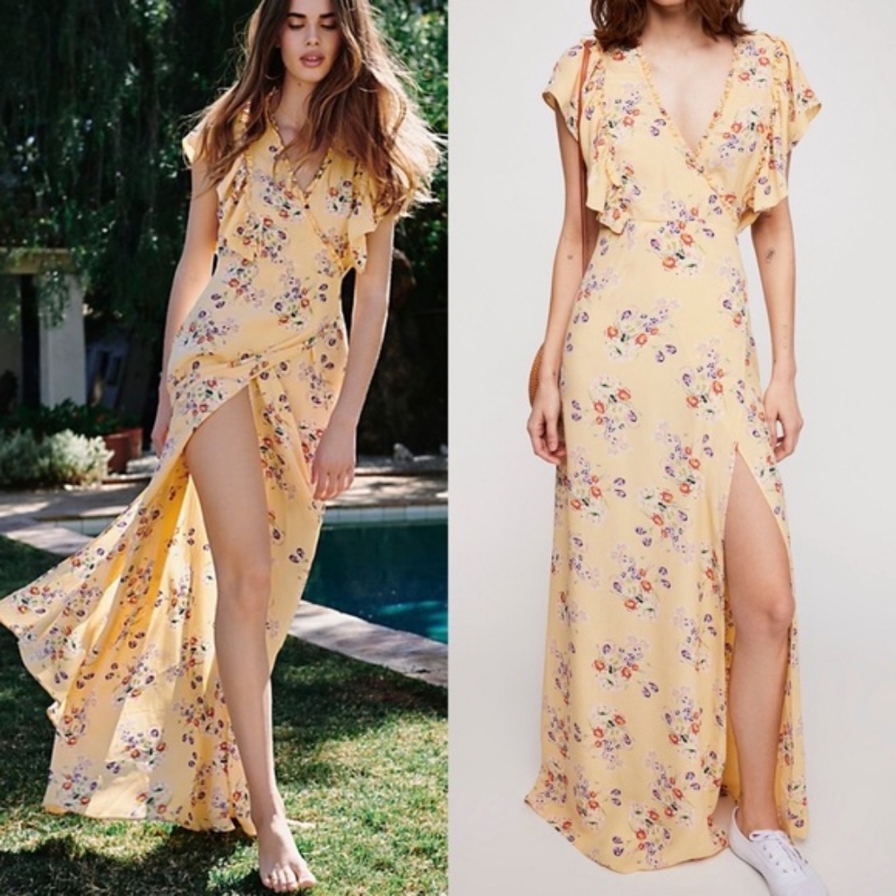 Yellow floral Free People ByTimo by Timo primrose wrap maxi dress extra small xs